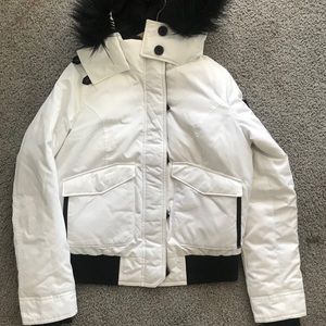 White with black trim and fur Winter Jacket